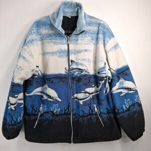 Vintage Full Zip Fleece Dolphin Jacket Women's Size Large Blue White Ocean Scene